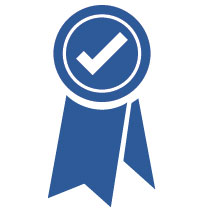 Blue Icon of a 1st place ribbon with a checkmark