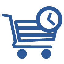 Blue Icon of a shopping cart and a clock