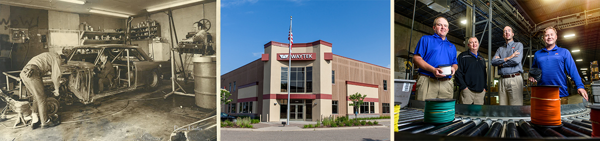Waytek history collage showing founding garage, current office building, and company owners