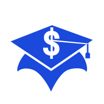 Blue Icon Dollar Symbol on top of a Graduation Cap